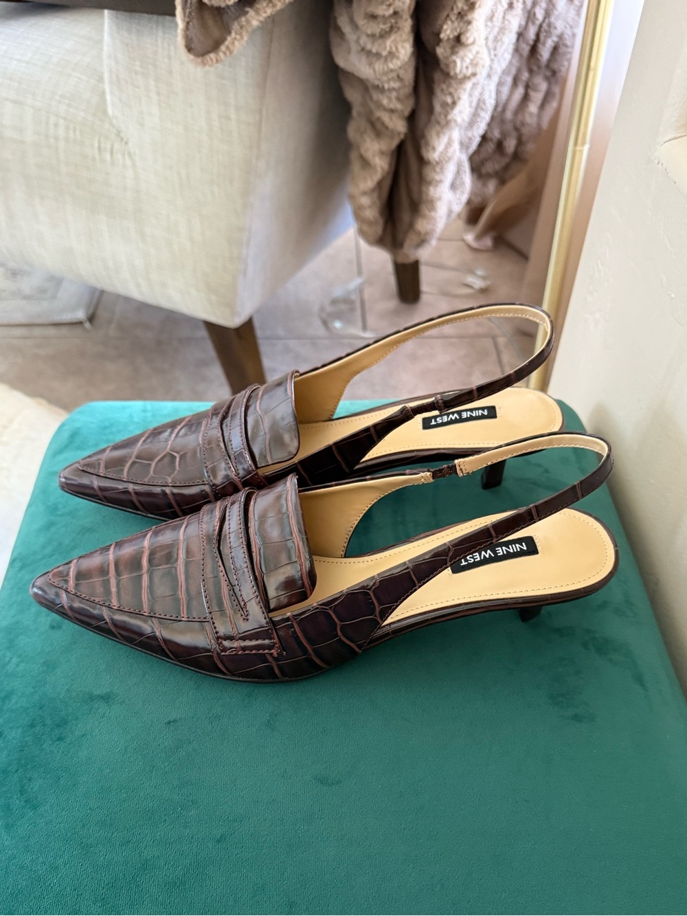 Nine West Brown Croc-Embossed Slingback Kitten Heels pointed toe loafer
